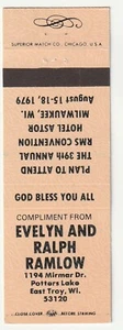 MATCHBOOK COVER - EVELYN & RALPH RAMLOW - EAST TROY WISCONSIN - RMS CONVENTION - Bild 1 von 3