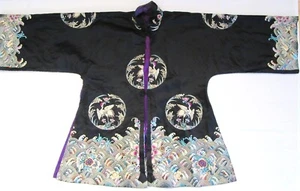WOMENS ANTIQUE EARLY 20TH CENTURY CHINESE SILK ROBE CRANE EMBROIDERED BLACK F30 - Bild 1 von 21