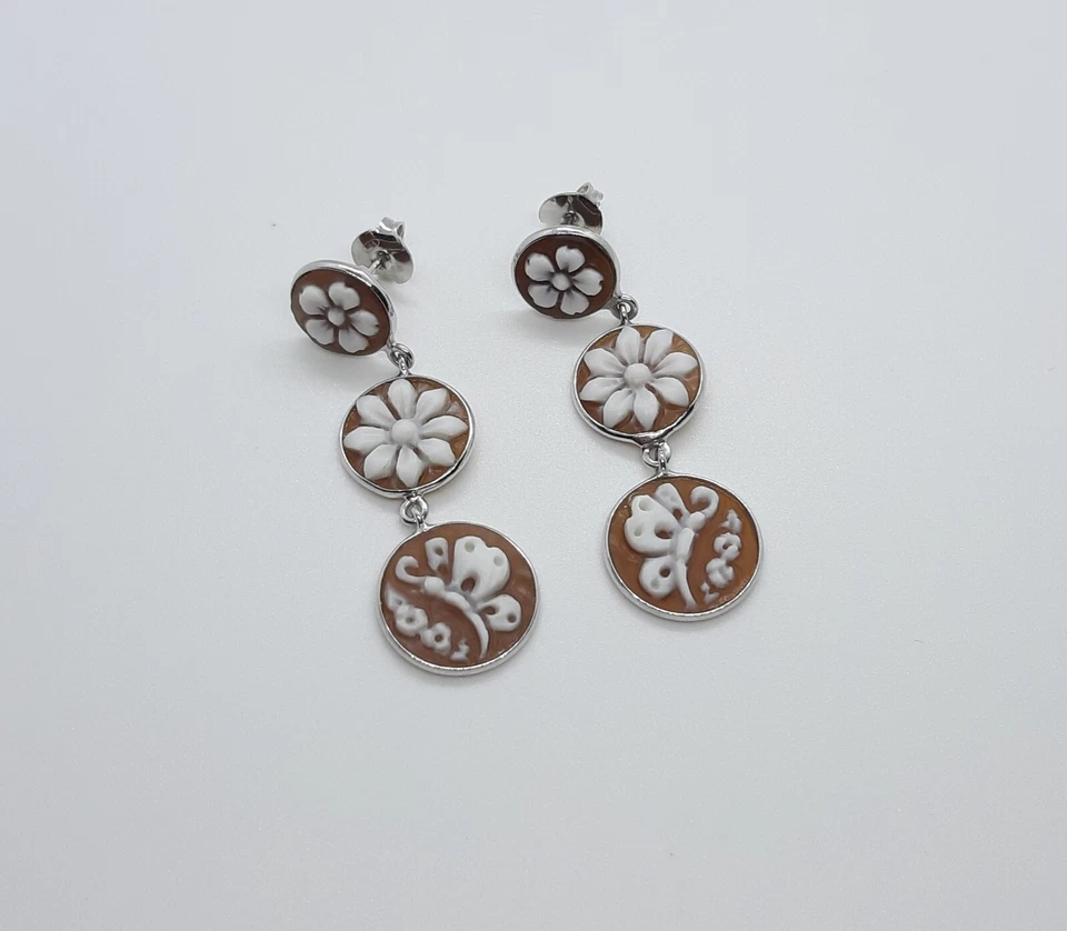 Orecchino Argento Cammeo Primavera Cameos Fiore Earrings Perno Farfalla Donna  - Immagine 1 di 4