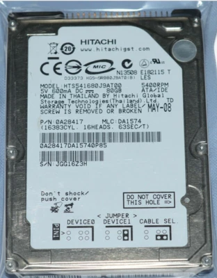 HITACHI HTS541680J9AT00 80 GB HDD 2.5" 5400 RPM IDE Laptop Hard Disk HDD - Image 1 of 4
