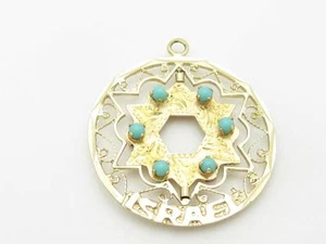 14k Yellow Gold Star of David Ruby & Turquoise Spinning Design Charm Pendant - Picture 1 of 1