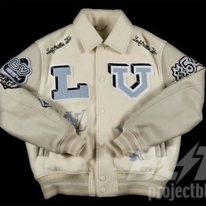LOUIS VUITTON MULTI-PATCHES MIXED LEATHER VARSITY BLOUSON JACKET 48 MILKY WHITE - Picture 1 of 4