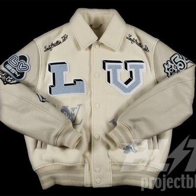 LOUIS VUITTON MULTI-PATCHES MIXED LEATHER VARSITY BLOUSON JACKET 48 MILKY WHITE - Image 1 of 4