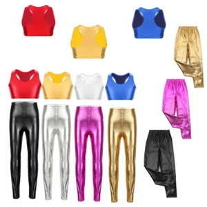 Kids Girls Shiny Metallic Skinny Pants Gymnastics Dance Crop Top Club Leggings - Picture 1 of 36