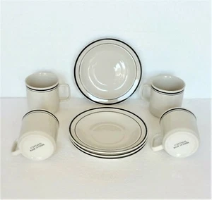 Cup and Saucer Set 8 pc NEW Stoneware Black & White Ceramic Pottery - Picture 1 of 4