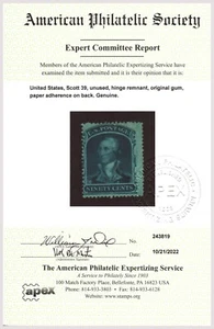 US Scott #39 90c George Washington Stamp. Mint OGHR. APS Certified. CV $3000 - Picture 1 of 3