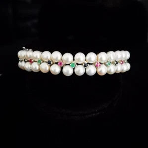925 Silver Genuine Natural Cultured Pearl Ruby Sapphire Emerald Gemstone Bangle - Picture 1 of 5