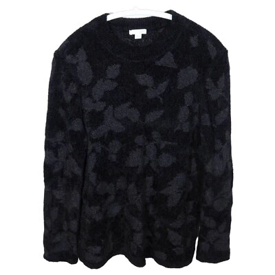 J JILL Black Fuzzy Chenille Floral Crew Neck Pullover Sweater Size M - Image 1 of 4