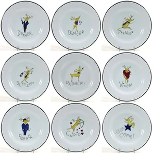 *NINE* Pottery Barn REINDEER 8.5" Dessert Salad Plate Set 9Pc Rudolph Porcelain - Picture 1 of 12