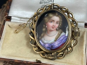 Antique Hand Painted Miniature Portrait Spinner Brooch Mourning Hairwork Pin AF - Picture 1 of 10