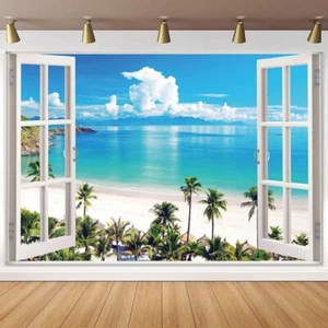 Summer Beach Window Backdrop Hawaii Tropical Island Palm Leaves Ocean Photogr... - Picture 1 of 5