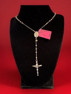 Rosary Shiny Chain Necklace Real Sterling Silver 925 Italian 24” NEW WITH TAGS ! - Picture 1 of 9