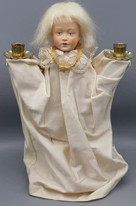 älterer ENGELSLEUCHTER Porzellan Puppenkopf / Holz im Gewand ca.35cm hoch /lesen - Bild 1 von 12