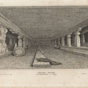 India Detter Warra templo de cueva Caves of Ellora vista antigua grabado en acero alrededor de 1850 - Imagen 1 de 2