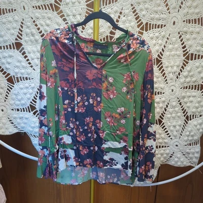 M&S Collection Womens Size UK 16 (US 14)  Green Floral Patchwork Tie Neck Top - Image 1 of 4