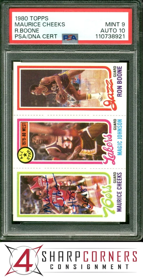 1980 TOPPS MAURICE CHEEKS RC-MAGIC JOHNSON RC-BOONE PSA 9 DNA AUTO 10 - Image 1 of 4