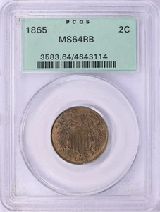 1865 Plain 5 2 Two Cent Coin PCGS OGH MS-64 RB Obsolete Denomination Red Brown - Picture 1 of 3