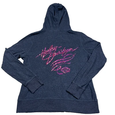De colección Y2K Harley Davidson Sudadera con Capucha Mujer Grande Gris Rosa Cremallera Completa Chaqueta Lentejuelas Foto 1 de 4
