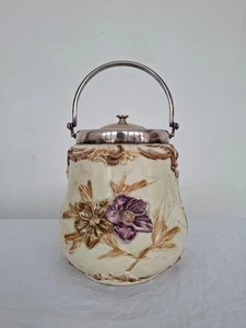 Antiguo barril floral de galletas con tapa de metal tarro de porcelana - Imagen 1 de 8