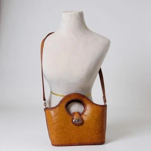 VINTAGE Hand Tooled Leather Structured Tote Bag Whipstitching, Western Purse - Picture 1 of 10