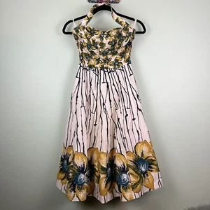 Girls From Savoy Sz 2 Yellow Orchid Floral Removable Strap Halter Midi Dress - Picture 1 of 6