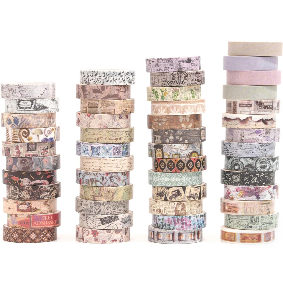 Paquete de 50 rollos de cinta adhesiva impresa retro vintage Washi Tape patrones antiguos Foto 1 de 4