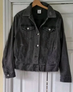 H&M Distressed/washed Charcoal Grey Denim Jacket - Size EUR 46 / UK 18? - Picture 1 of 11