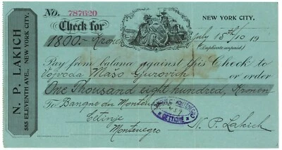 N. Lakich New York Banque de Montenegro Bill of Exchange 1910 - Image 1 of 2