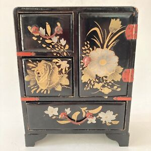 Vtg Asian Wood Dollhouse Furniture Chinese Cabinet Black Lacquer Painted Floral