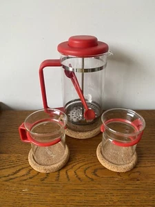 Vintage Red BODUM Bistro Coffee Plunger Set with 2 Mugs & 2 Spoons 3 Coasters - Picture 1 of 5