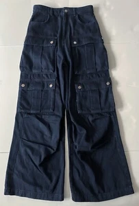 Zara Cargo Multipockets Denim Pants Women 2 Navy Blue Wide Leg Baggy High Waist - Picture 1 of 11