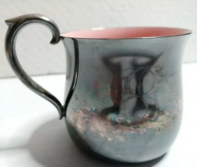 Vintage Reed & Barton 866 Silver Plate Pink Enamel Mug Girl Baby Small Cup USA - Image 1 of 4