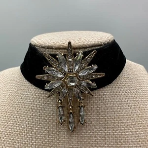 Velvet Choker Necklace Black Starburst Crystal Drop Pendant Gold Tone Statement - Picture 1 of 10