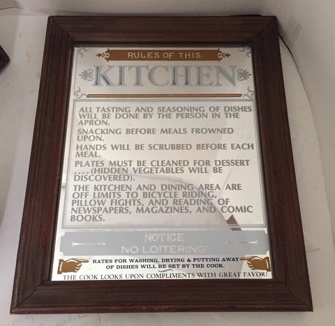 Vintage RULES OF THIS KITCHEN Figi-Wilson Mirror Wood Frame Retro Kitchen Gift Cover
