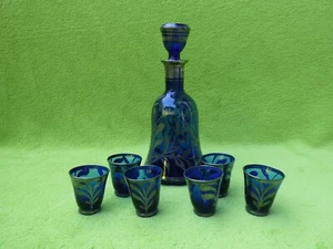 Altes 7-teiliges Likörset Glas bemalt BQ ARG 9,25 % Silber-Blau - Bild 1 von 19