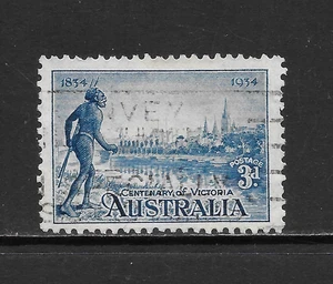 AUSTRALIA SCOTT 143a USED F/VF - 1934 3p BLUE ISSUE - CENTENARY OF VICTORIA - Picture 1 of 2