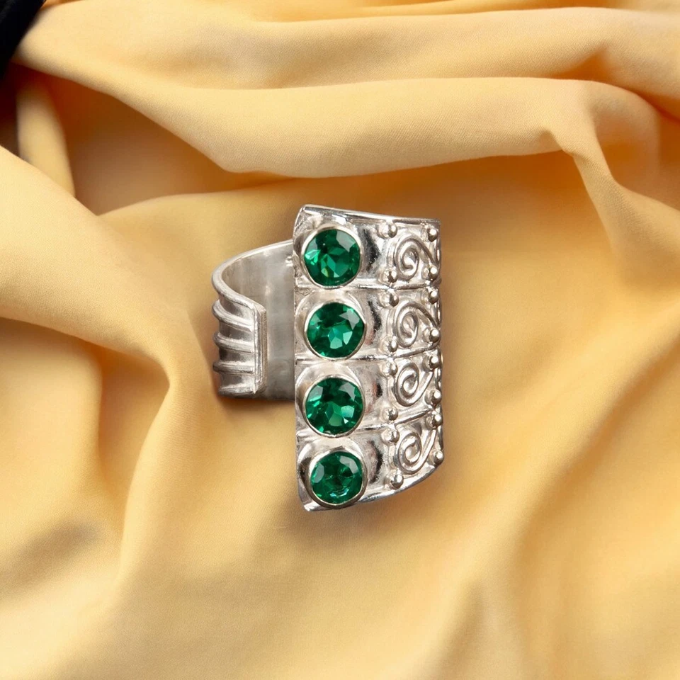 Anillo ajustable de plata de ley 925 con piedras preciosas de esmeralda creadas en laboratorio todas las tallas DB Foto 1 de 4