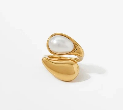 Позолоченное кольцо из нержавеющей стали с жемчужным камнем - Изображение 1 из 3