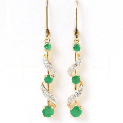Feine Ohrringe 14 Karat 585 Gold Gelbgold Smaragde Diamanten 2,85 g Länge 4,3 cm - Bild 1 von 3
