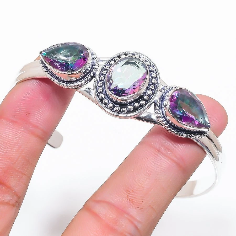 Mystic Topaz Gemstone Handmade 925 Sterling silver Cuff Bracelet Adjustable - Image 1 of 1
