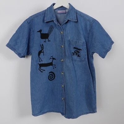 Vintage 90s Women's Denim Jean Shirt Button Southwest Petroglyph Size Small Blue - Imagem 1 de 4