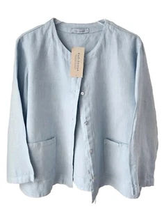 Cut Loose Boxy 100% Linen Jacket Top Large Light Blue 3/4 Sleeve Patch Pockets - Picture 1 of 11