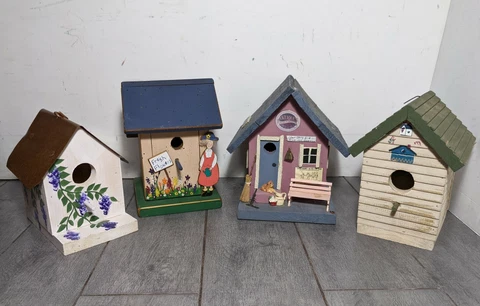 Vintage Lot of 4 - Hand Painted Wood Decorative Bird Houses Rustic Folk Art Cover