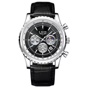 LIGE Men Watch Top Brand Men Leather Strap Boy Wristwatch Military Sport Watches - Picture 1 of 22