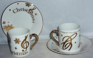 2 LOVELY UNUSUAL PLANTATION GOLD WHITE CHRISTMAS ESPRESSO COFFEE CUP SAUCER SET