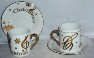 2 LOVELY UNUSUAL PLANTATION GOLD WHITE CHRISTMAS ESPRESSO COFFEE CUP SAUCER SET - Picture 1 of 1