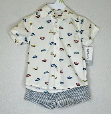 Carters Car & Motorcycle Baby Outfit Shirt & Striped Shorts Set Boys 3 mos. NEW - Image 1 of 4