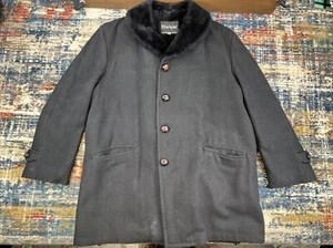 Vtg STRATOJAC Black Jacket Coat Wool Faux Fur Men Sz XL 44 70s Mod Swanky - Picture 1 of 13