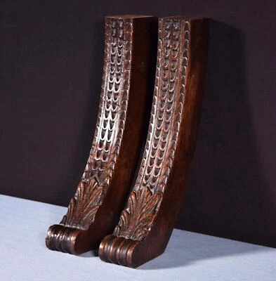 Pair of 13" Tall Curved French Antique Solid Oak Wood Gothic Posts/Pillars - Image 1 of 4