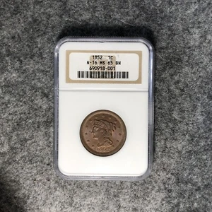 1852 Braided Hair Large Cent NGC MS 65 BN N-16 High Grade - Picture 1 of 2